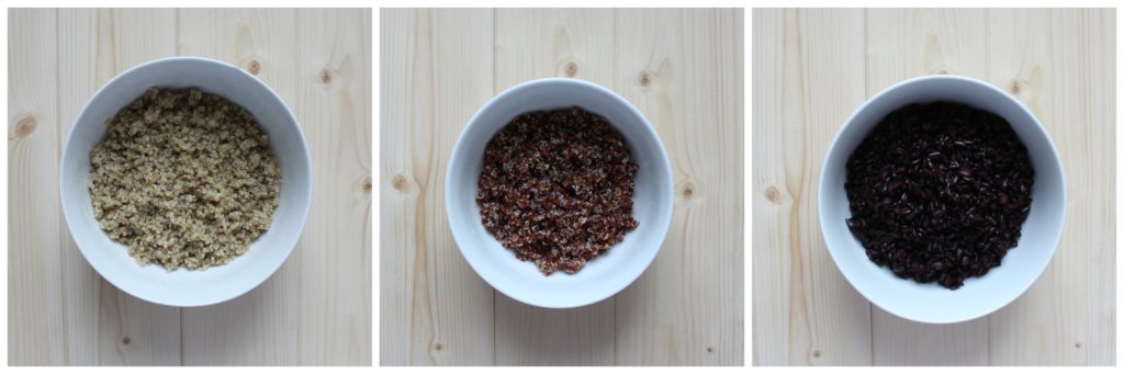 Bowls of black rice, quinoa and red quinoa