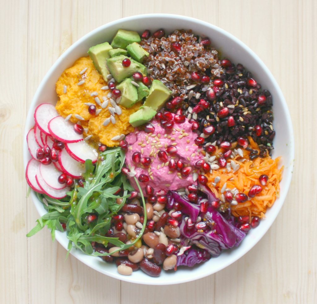 large white bowl with avocado, sweet potato, quinoa, black rice, grated carrot, aduki beans, red cabbage kraut, sliced radishes, beet hummus and rocket.  Sunflower, sesame and pomegranate seeds sprinkled over the whole bowl of food.