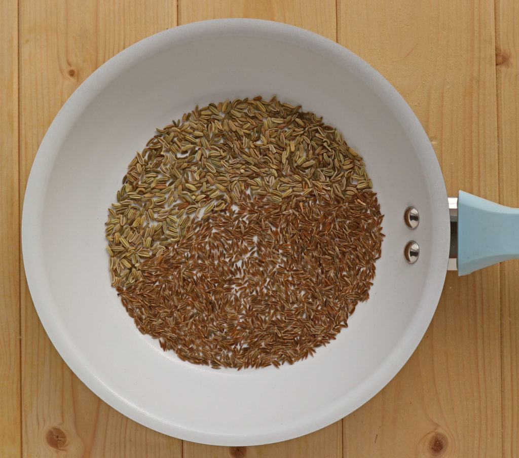 Fennel and Cumin seed in a frying pan