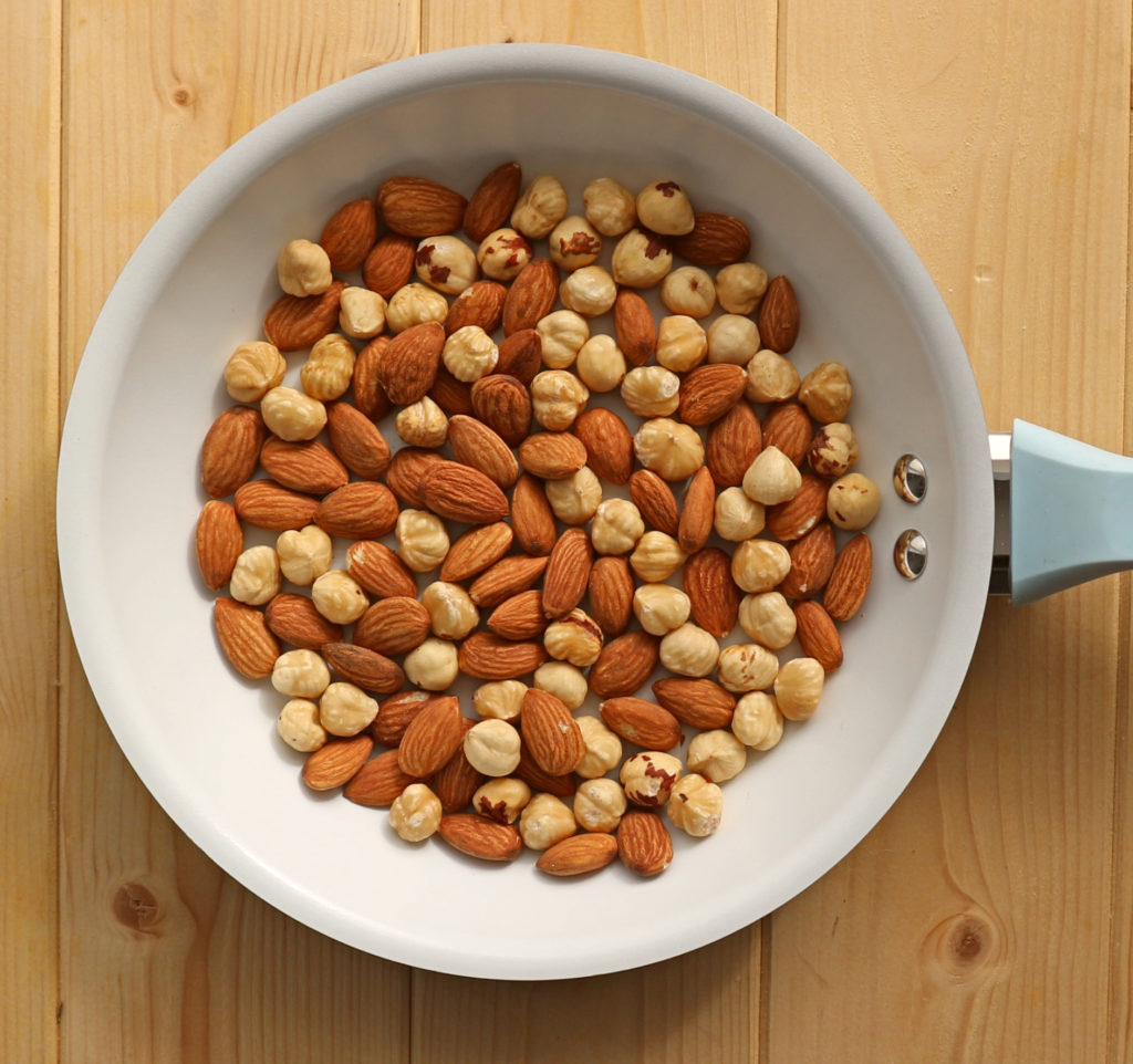 Hazelnuts and Almonds in Frying pan