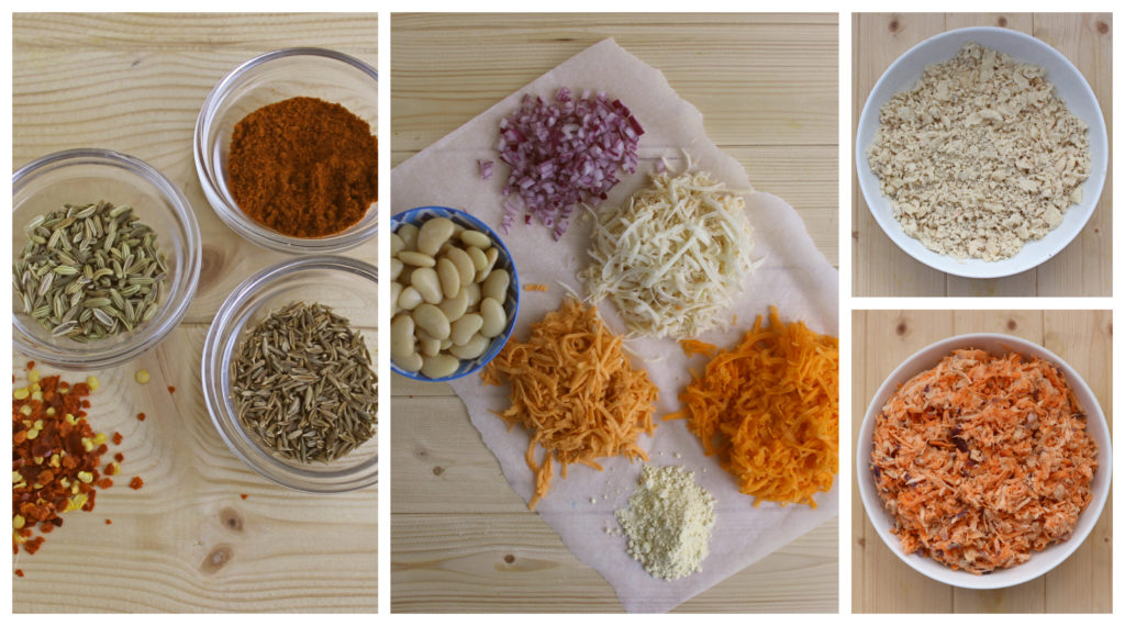 collage of spices, butterbeans and vegetable butter bean mash