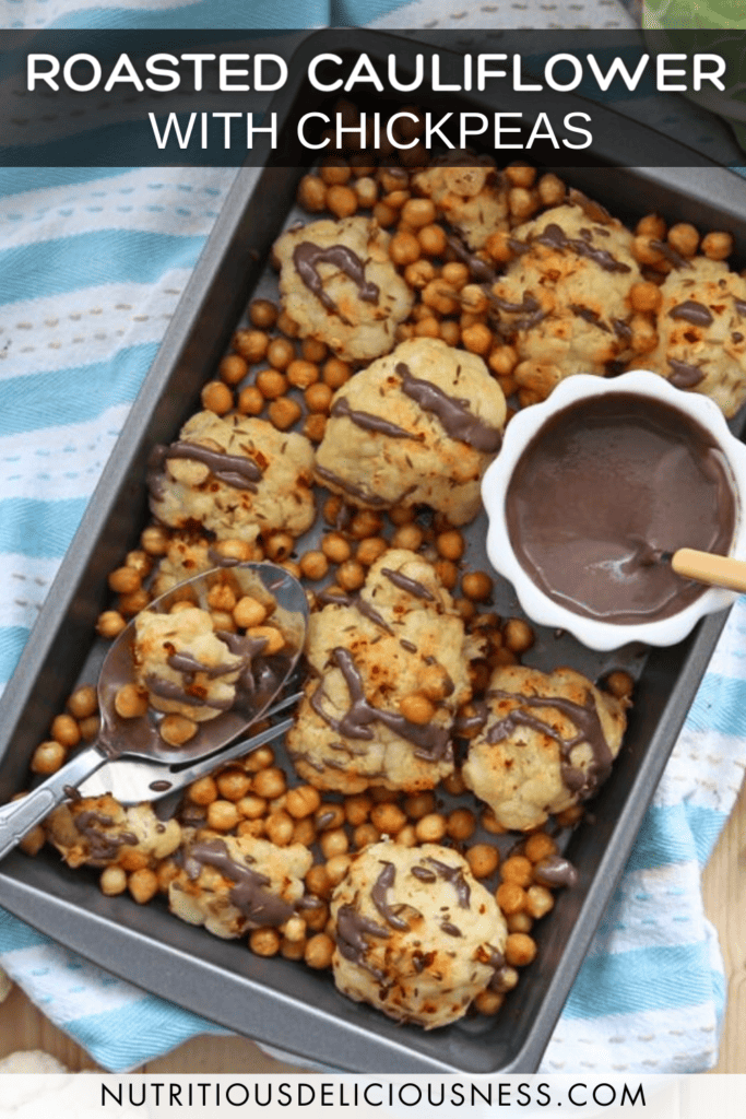 Roasted Cauliflower with Chickpeas and Tahini Pomegranate Dressing pin