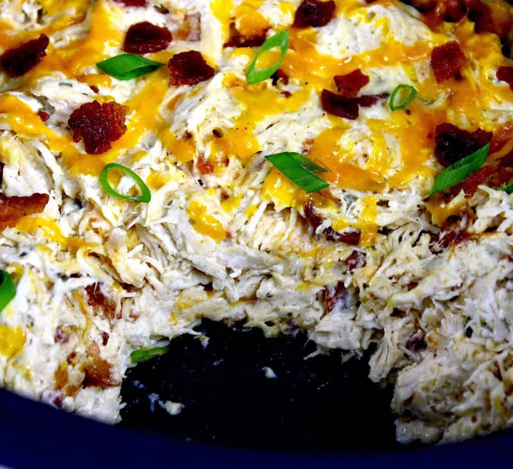 closeup of ranch chicken in crockpot