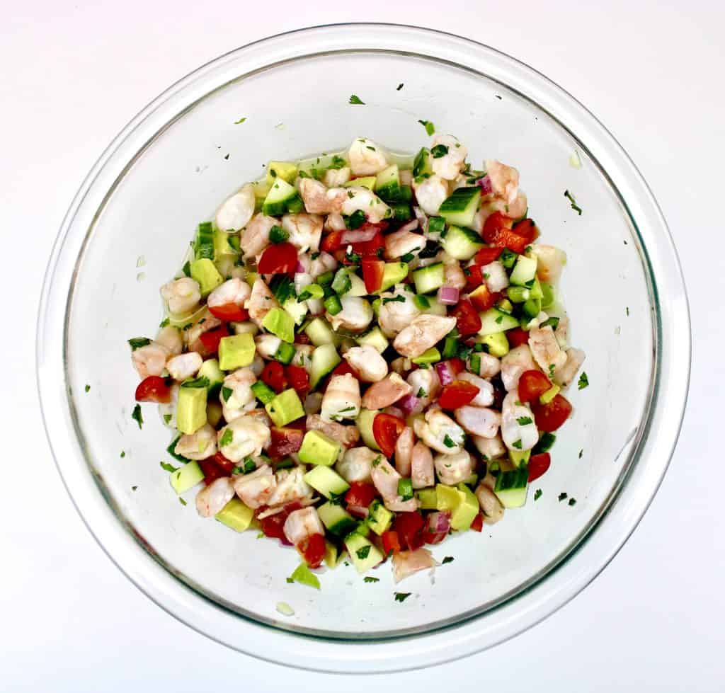 Shrimp Ceviche in glass mixing bowl