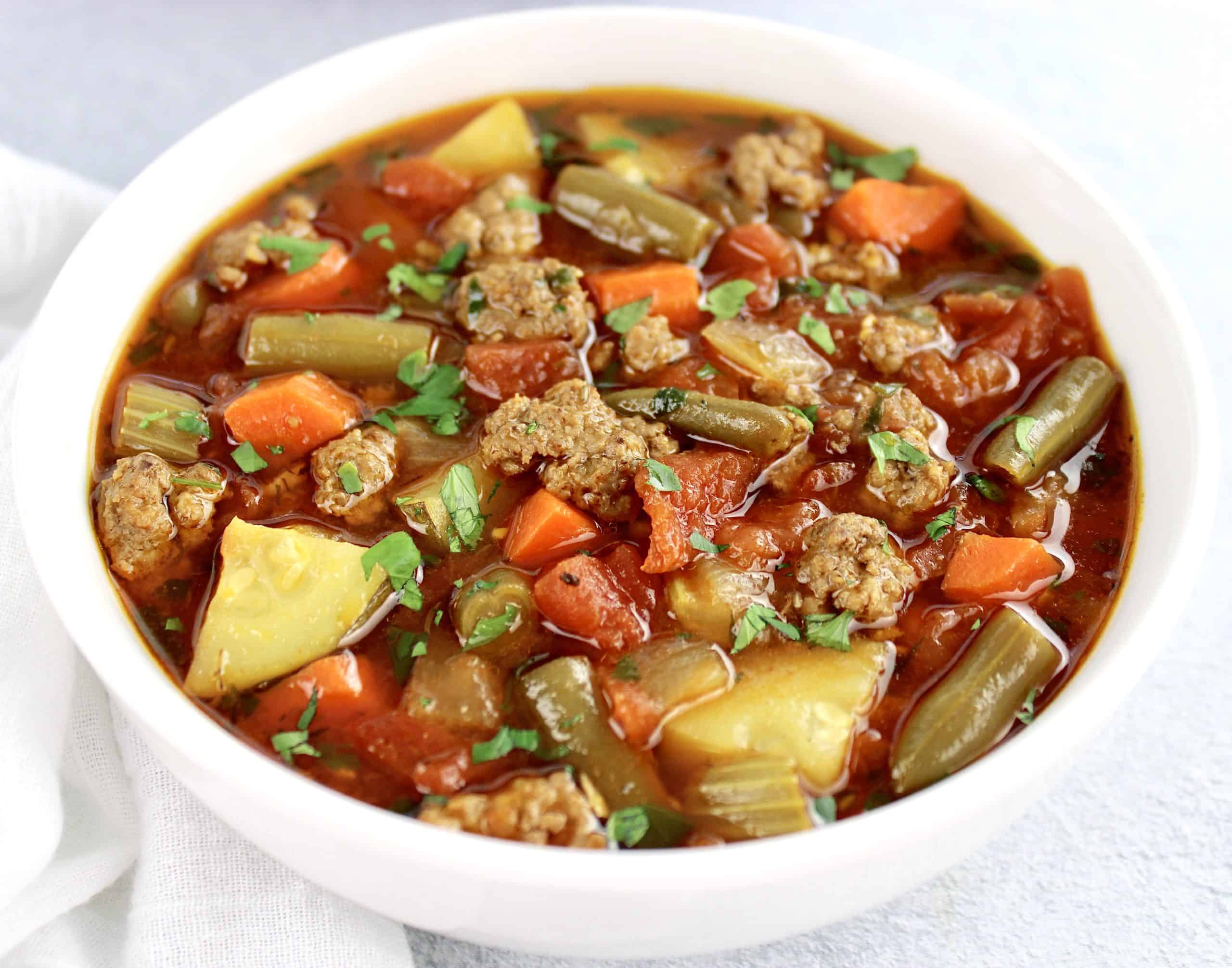 closeup of bowl of Vegetable Beef Soup