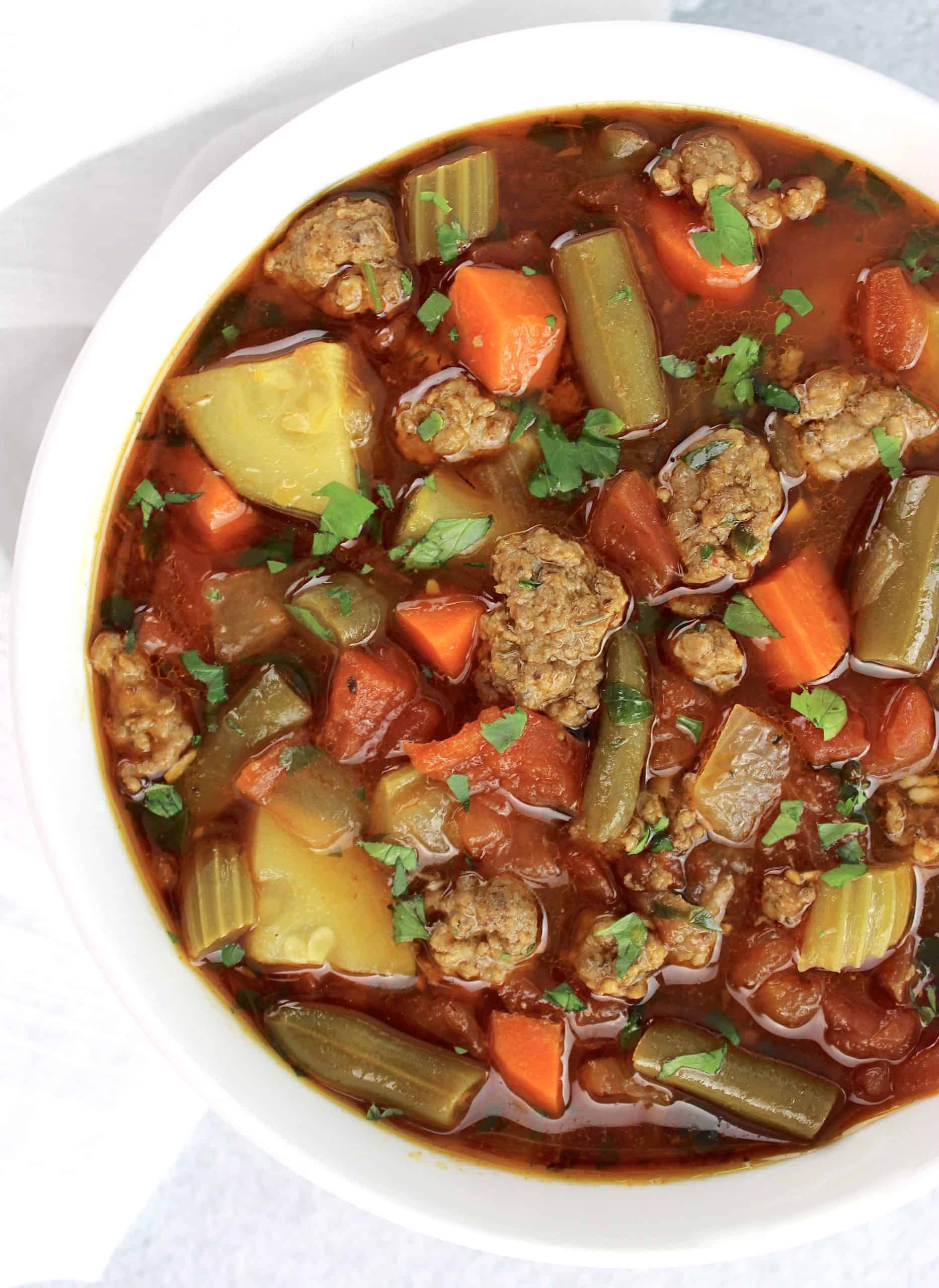 overhead view of Vegetable Beef Soup in white bowl