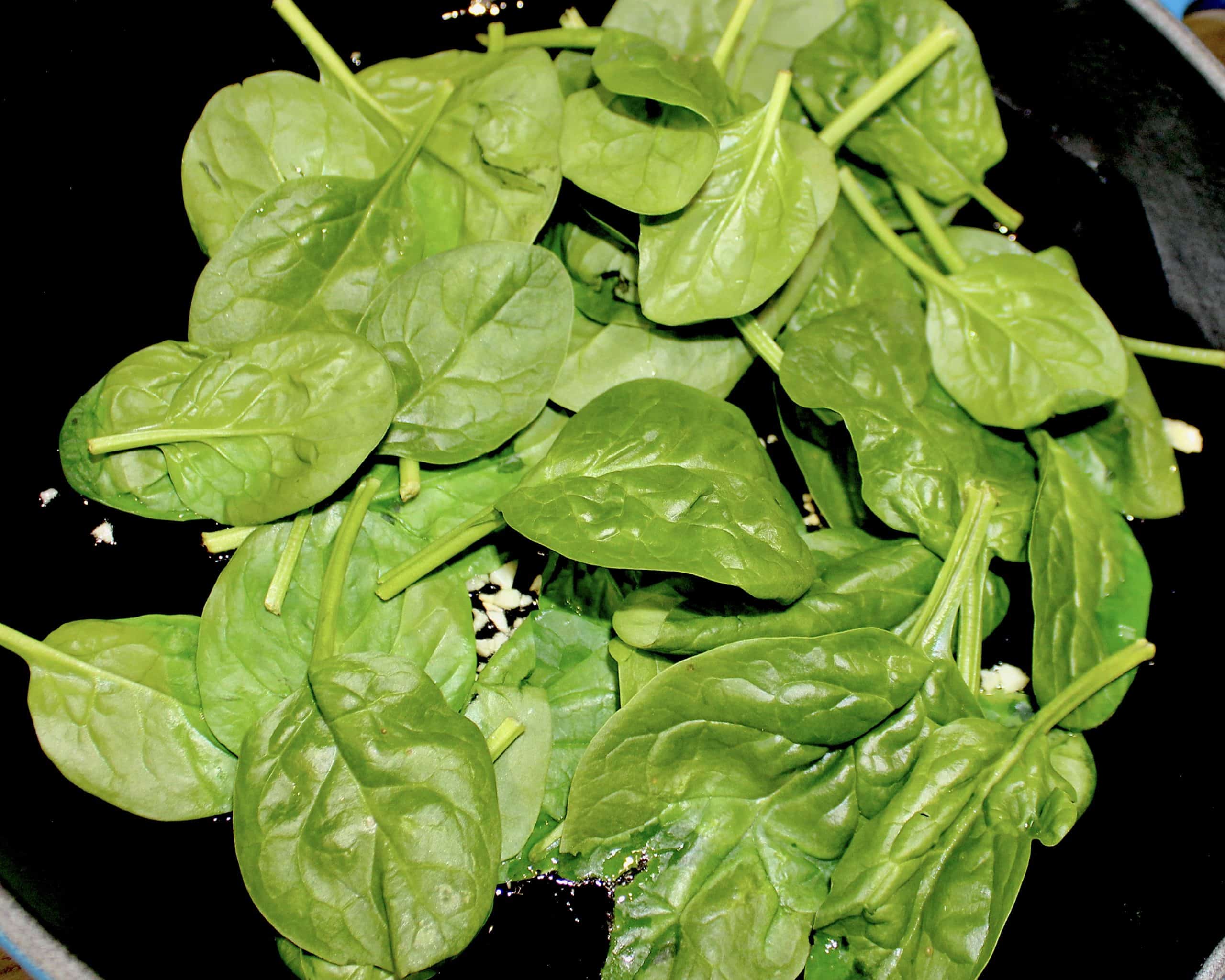 fresh spinach and garlic in skillet