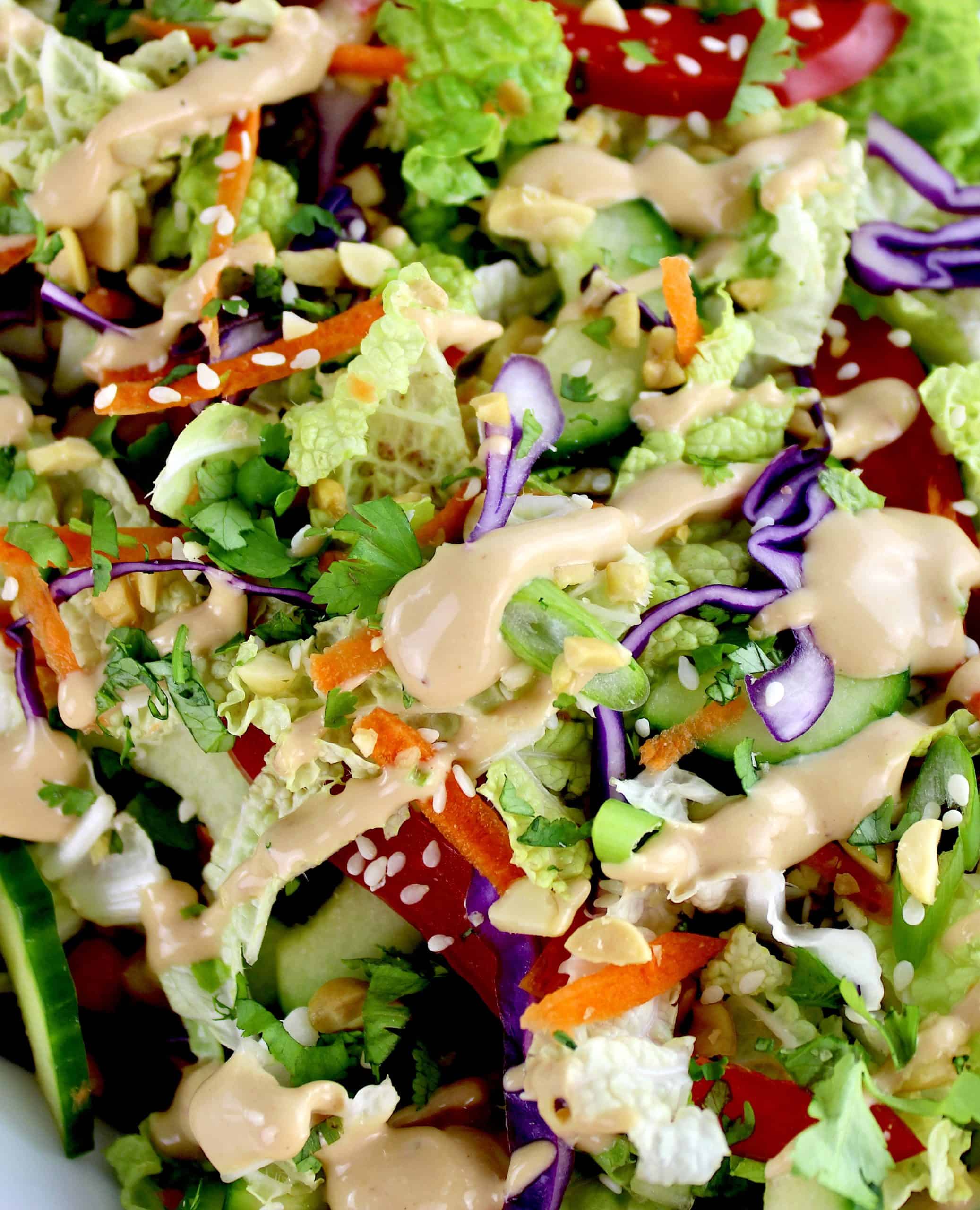 closeup of Thai Crunch Salad with Peanut Dressing