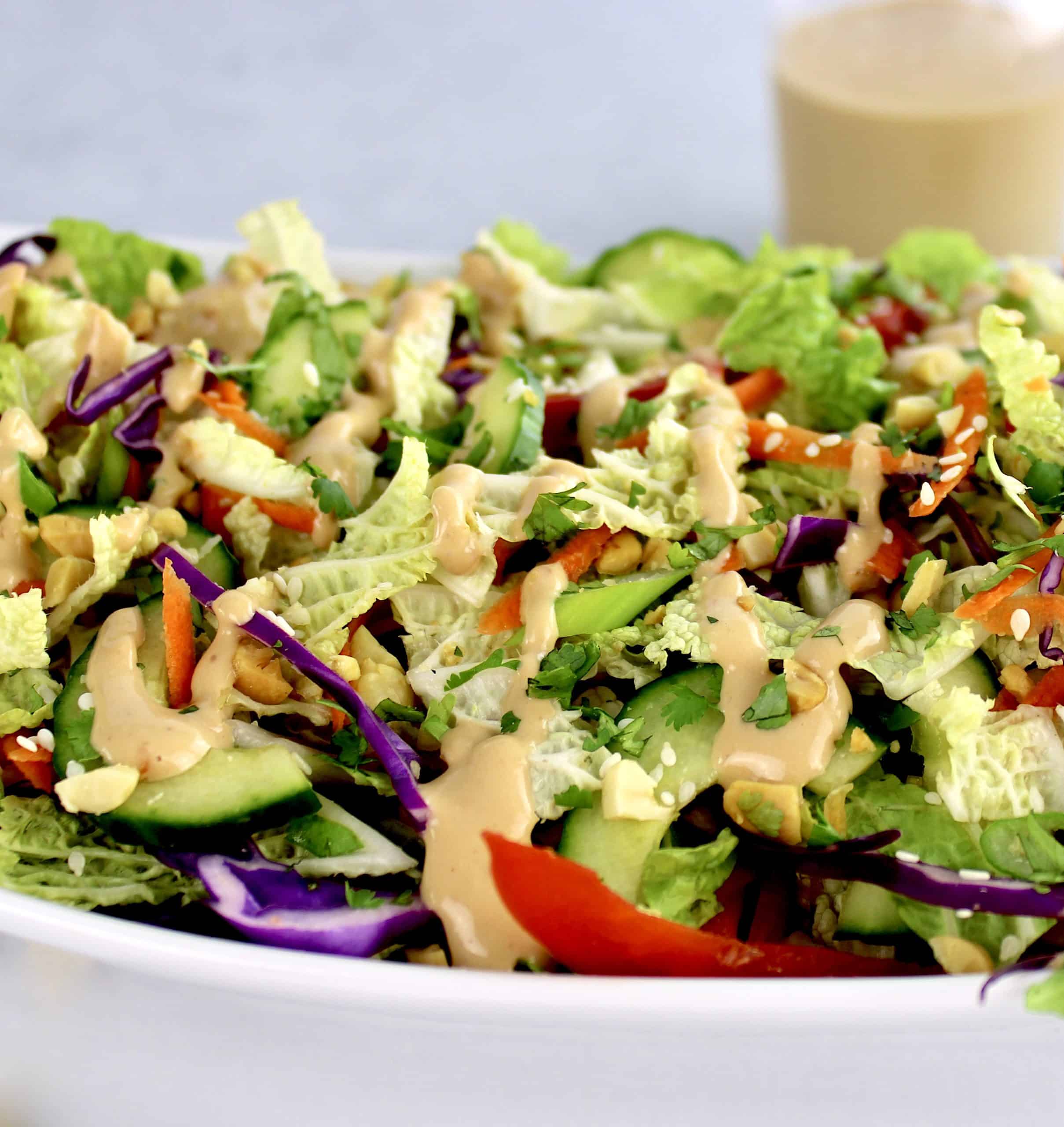 closeup side view of Thai Crunch Salad with Peanut Dressing in white bowl