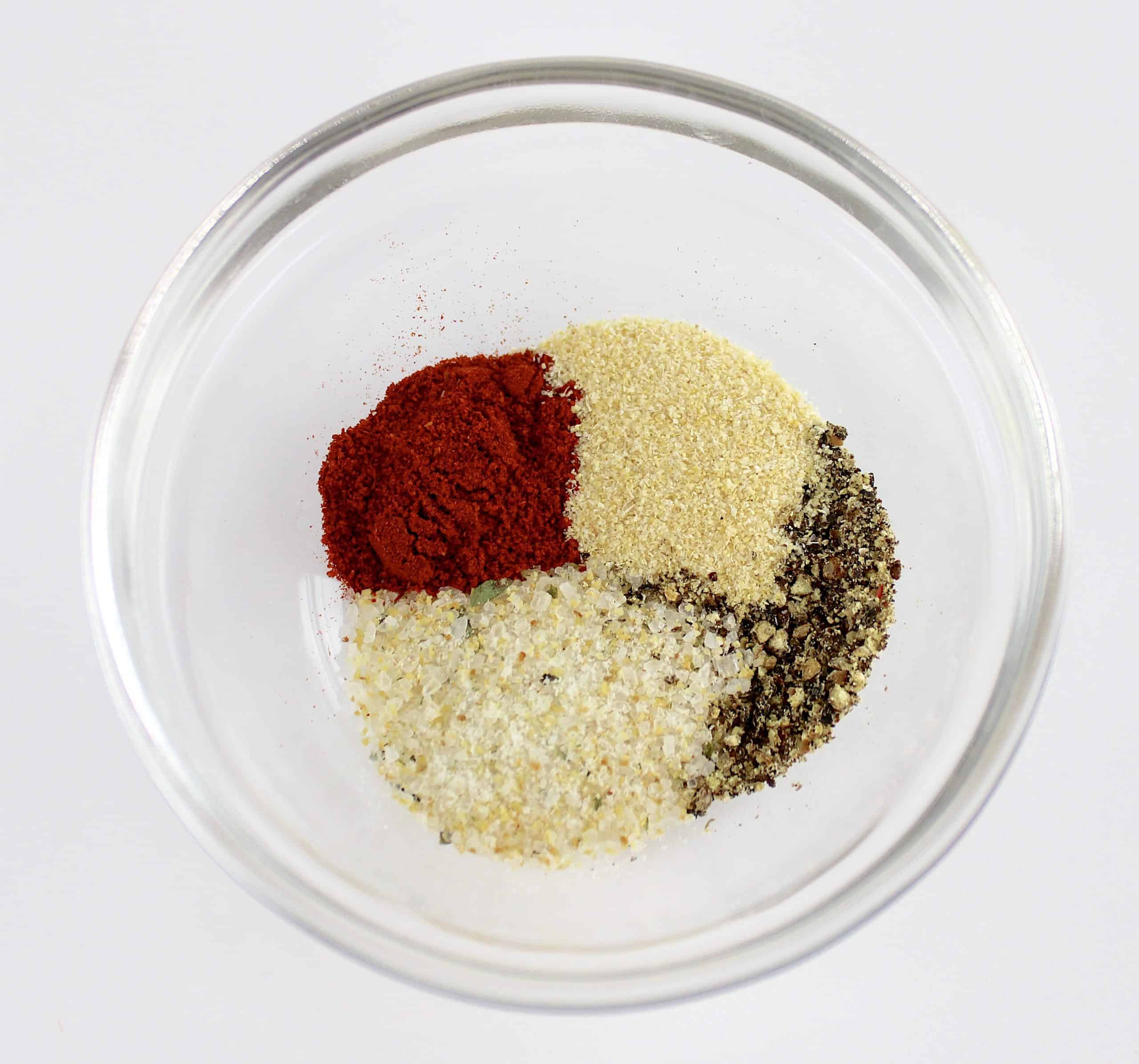 steak bites spice mix blend in glass bowl unmixed