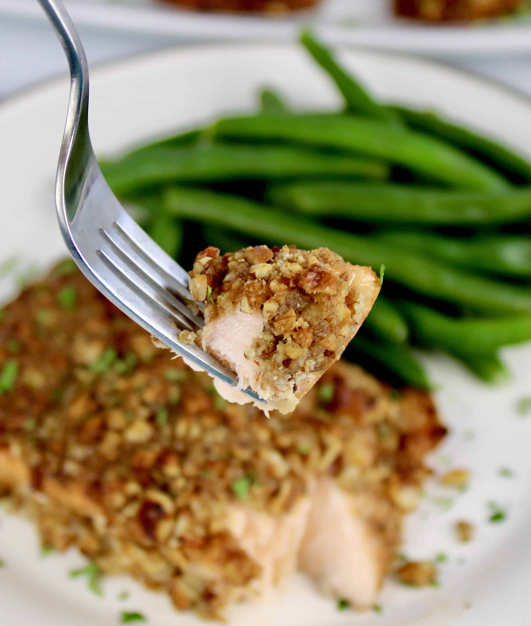 bite of Pecan Crusted Salmon on fork
