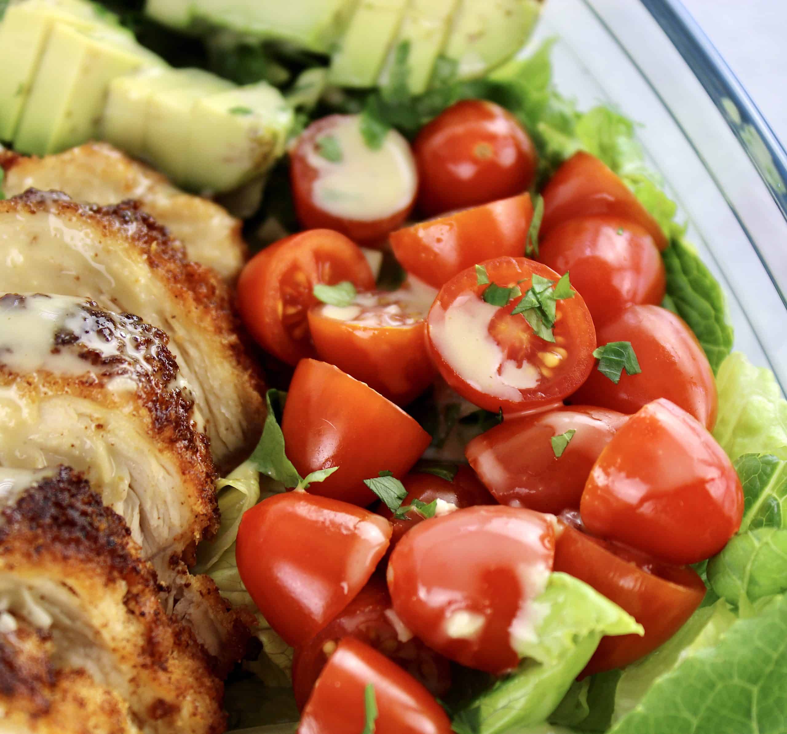 closeup of sliced tomatoes in Crispy Chicken Salad 