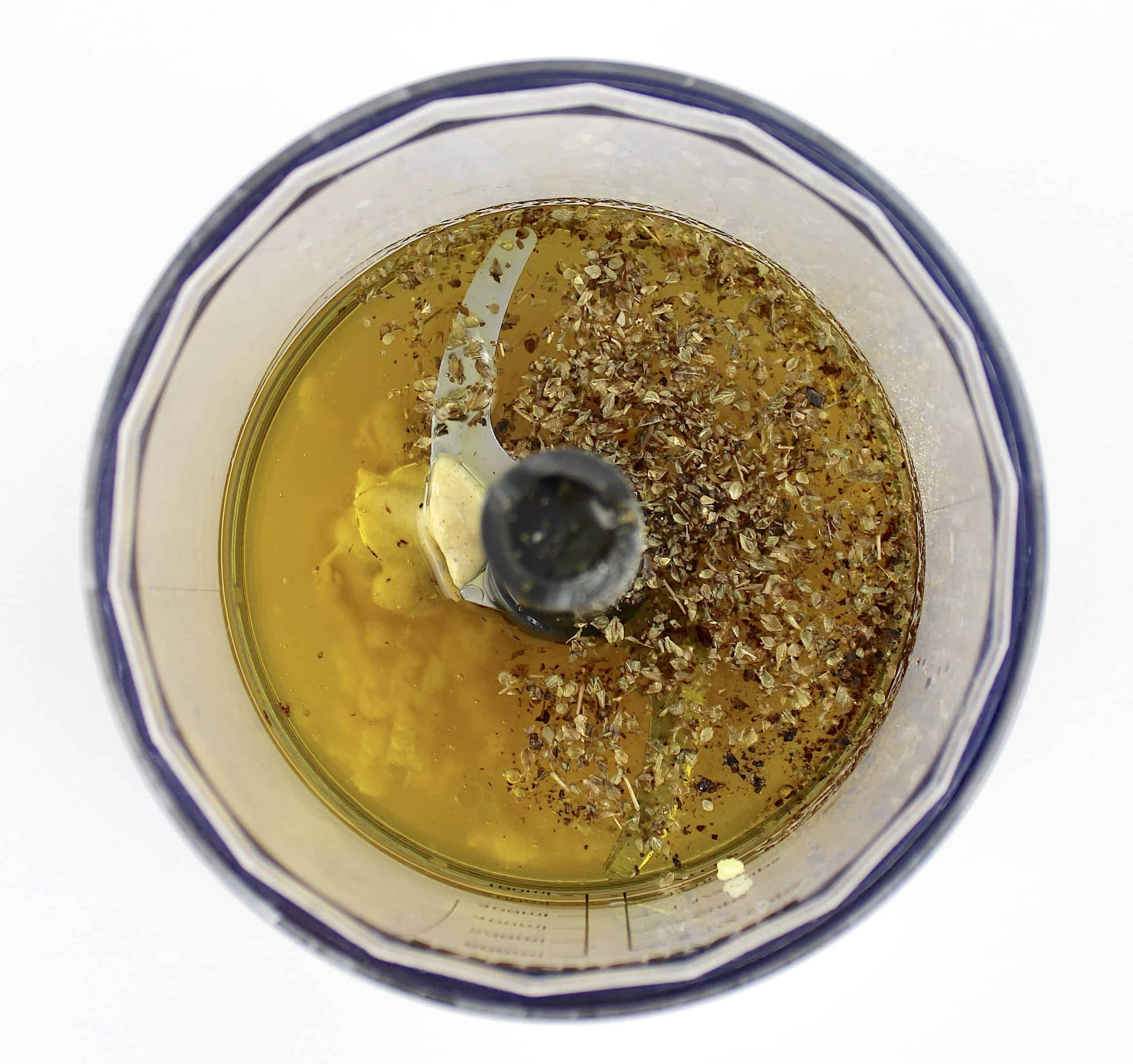 burrata salad dressing ingredients in mini chopper unmixed