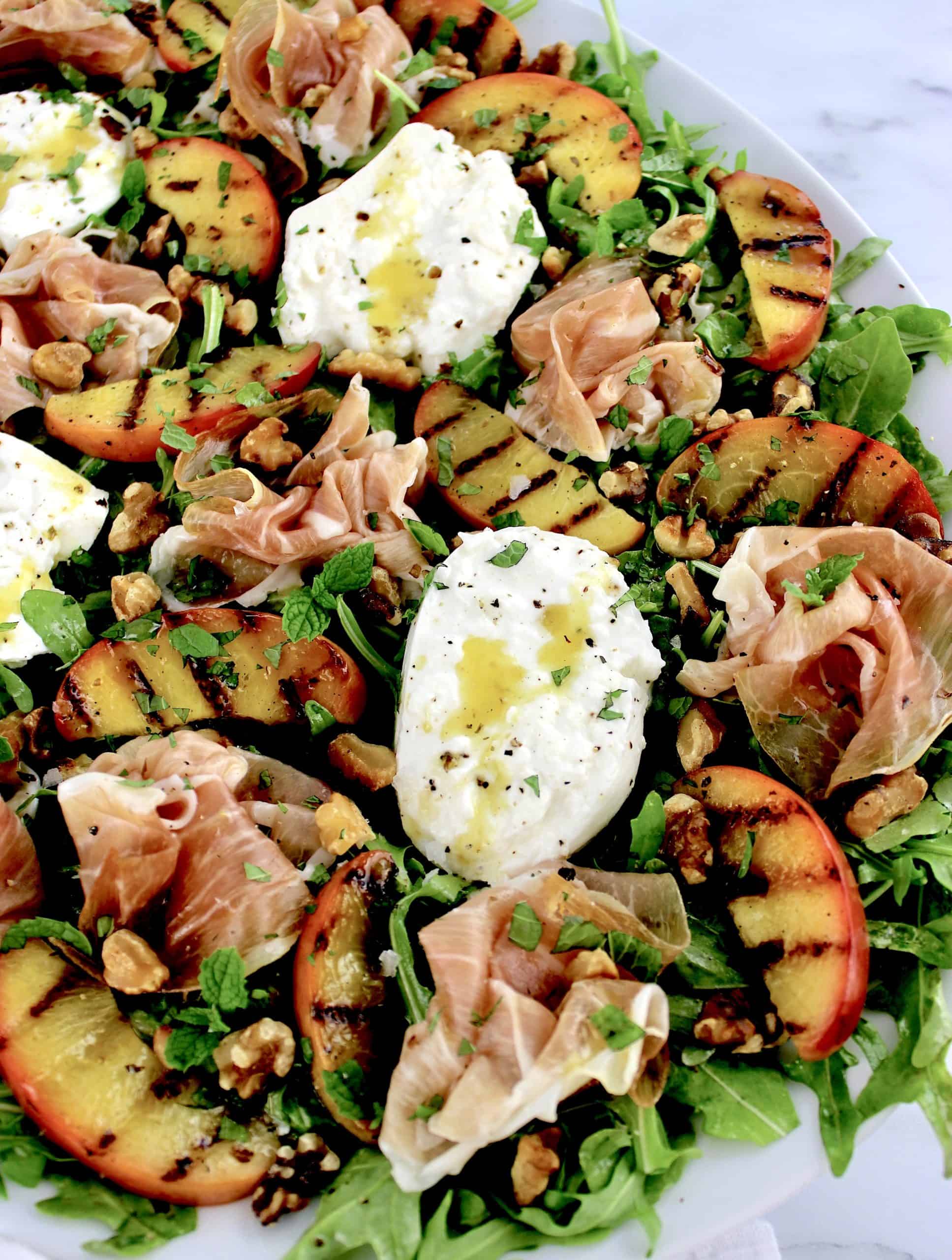 Grilled Peach Burrata Salad with Prosciutto