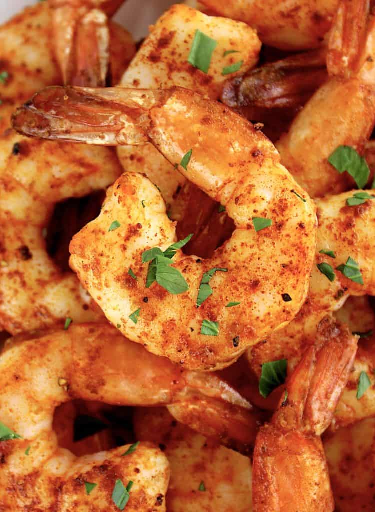 closeup of Air Fryer Frozen Shrimp with chopped parsley