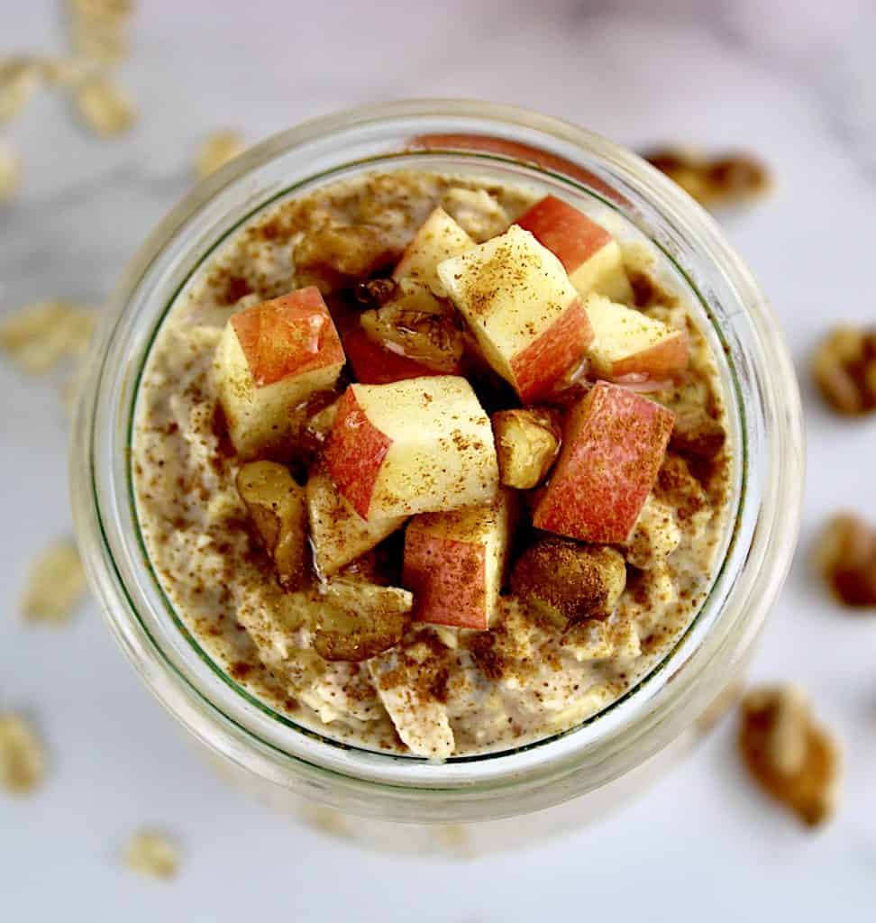 overhead view of Apple Cinnamon Overnight Oats with chopped apples