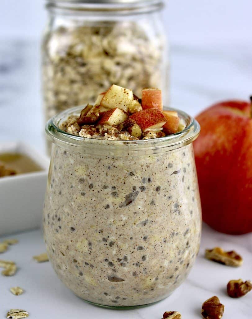 side view of overhead view of Apple Cinnamon Overnight Oats with chopped apples