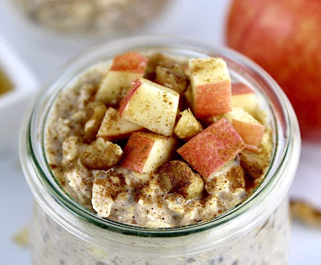 overhead view of Apple Cinnamon Overnight Oats with chopped apples