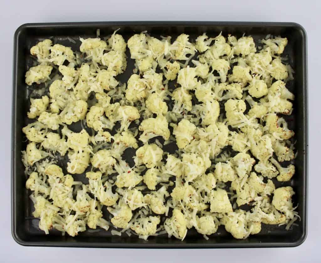 Cheesy Roasted Cauliflower on baking sheet