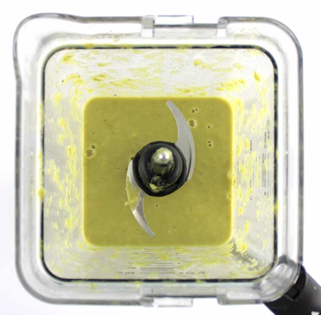 overhead view of Cream of Asparagus Soup in blender