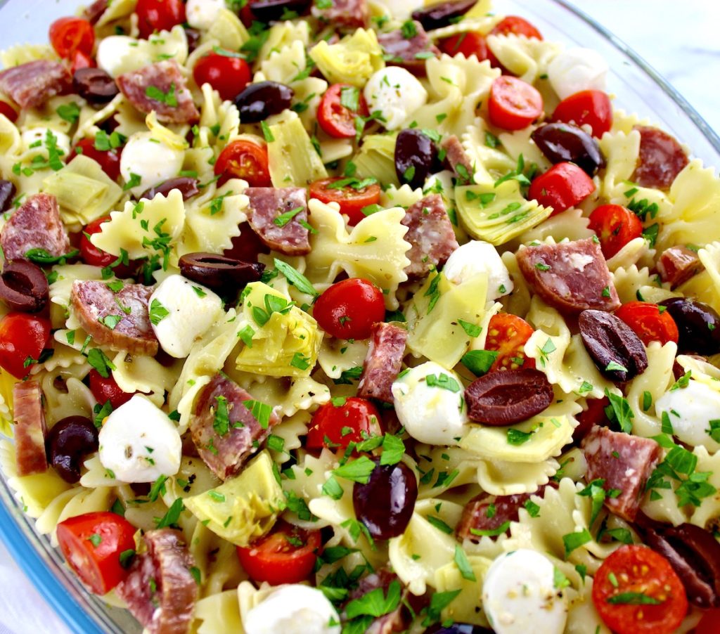 closeup of Easy Italian Pasta Salad in glass bowl