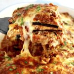 Eggplant Lasagna being lifted with spatula out of casserole