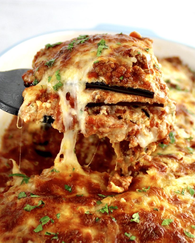 Eggplant Lasagna being lifted with spatula out of casserole