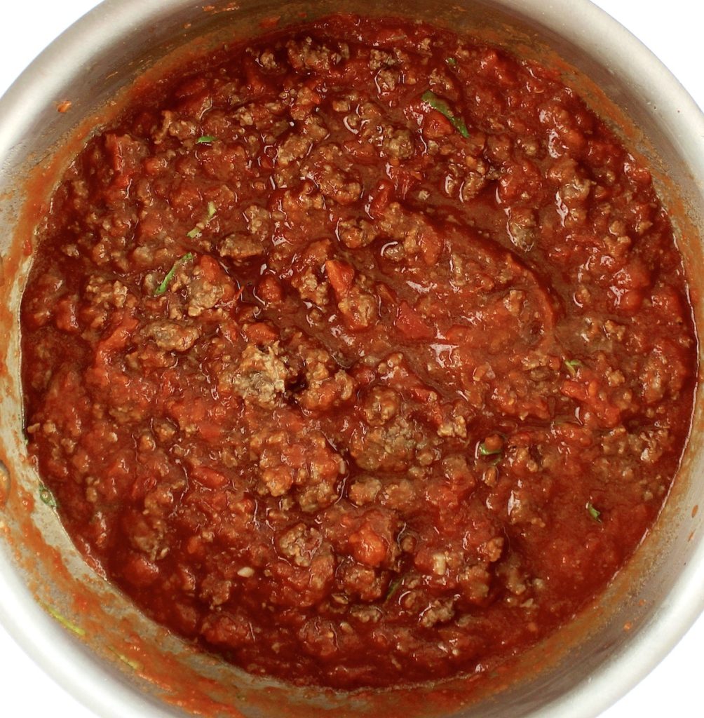 Italian meat sauce in saucepan