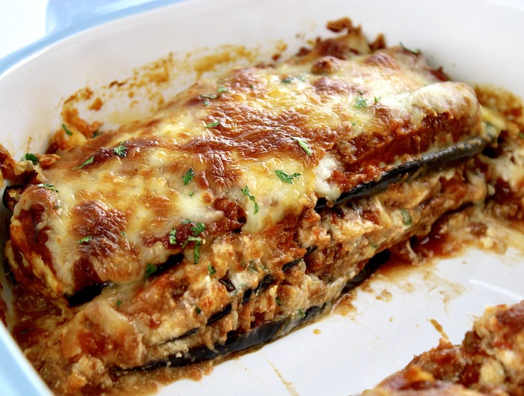 side view of Eggplant Lasagna cut in casserole