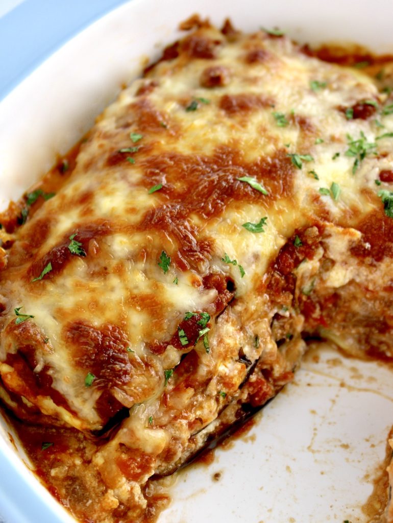 side view of Eggplant Lasagna cut in casserole