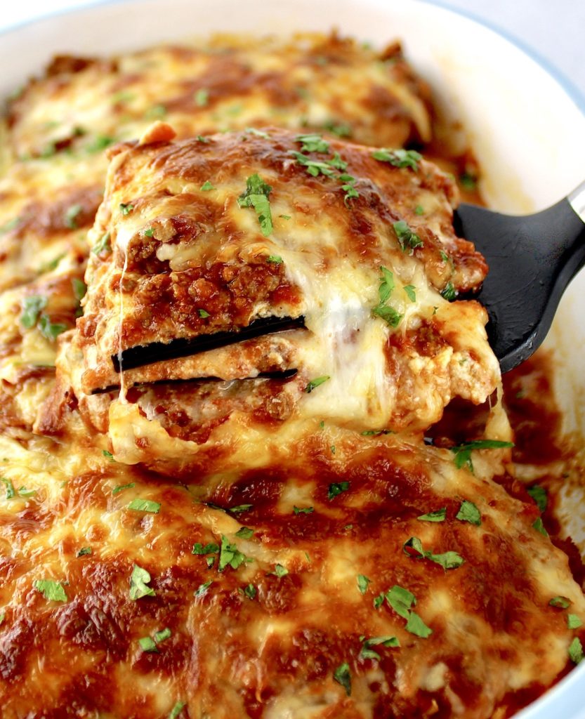 Eggplant Lasagna being lifted with spatula out of casserole