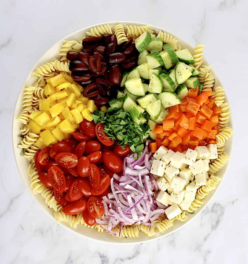 overhead view of Greek Pasta Salad without dressing