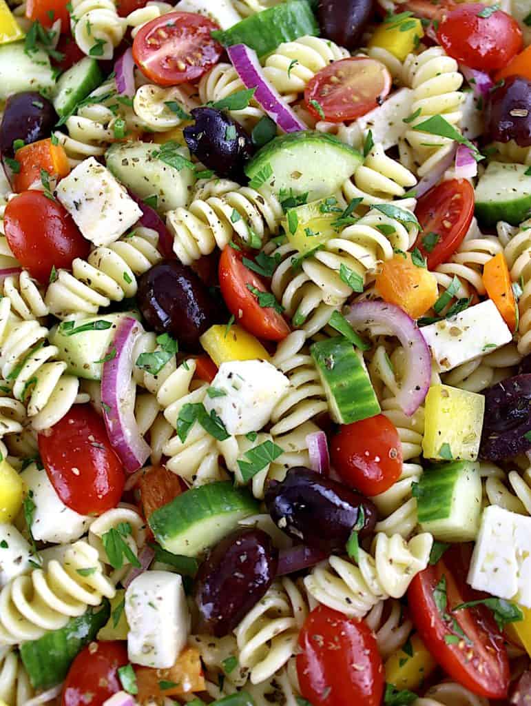 closeup of Greek Pasta Salad with rotini pasta