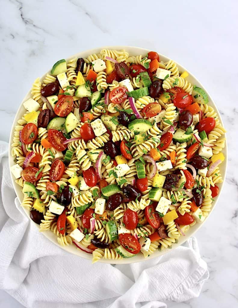 overhead view of Greek Pasta Salad