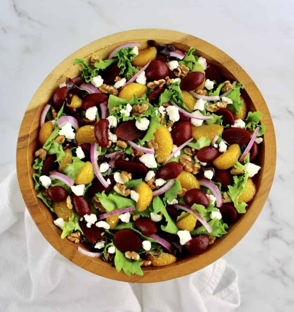 overhead view of Pickled Beet Salad in wooden bowl without dressing