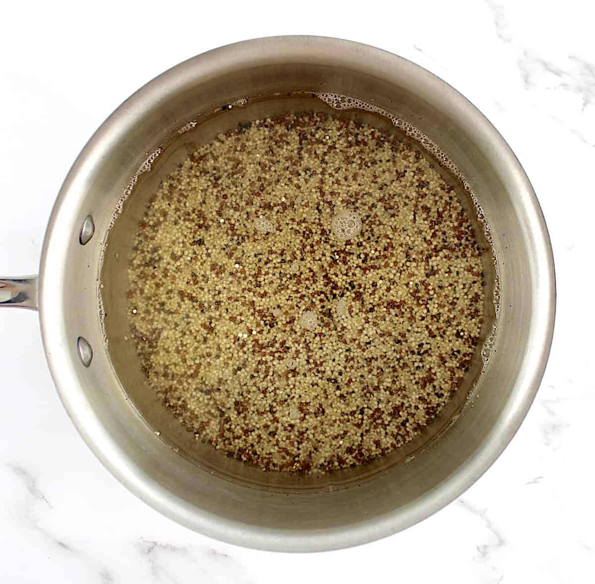 raw quinoa in saucepan with water