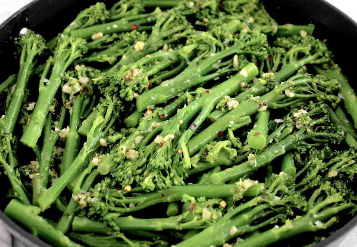 Sautéed Broccolini with Garlic and butter in skillet