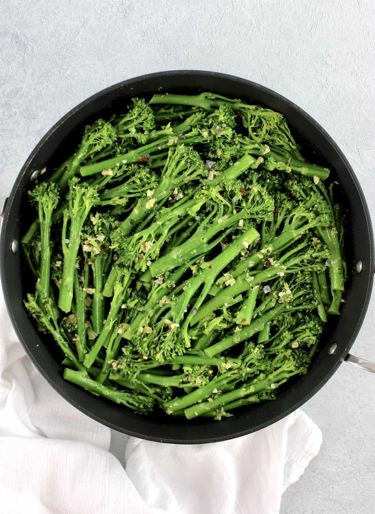 Sautéed Broccolini with Garlic in skillet
