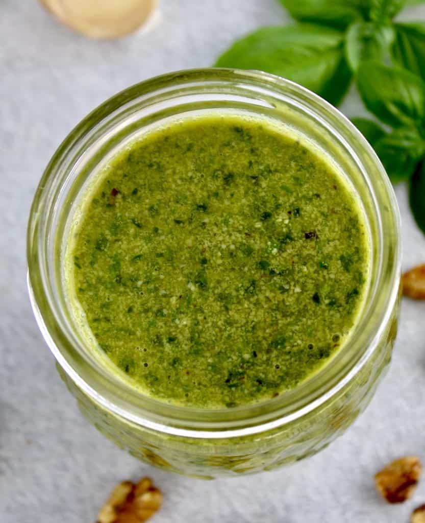 overhead view of Walnut Pesto in open glass jar