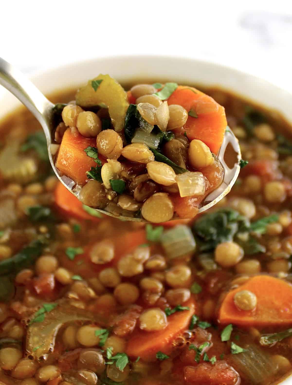 Carrot and Lentil Soup being held up with spoon