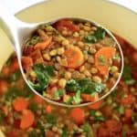 ladle full of Carrot and Lentil Soup held up over pot