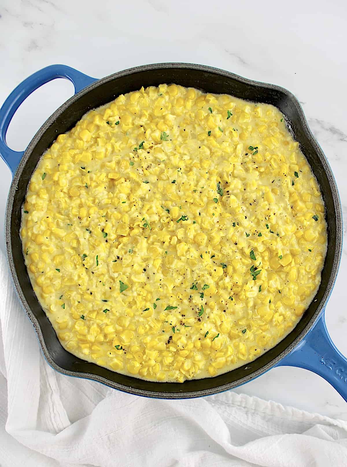 overhead view of Creamed Corn in skillet