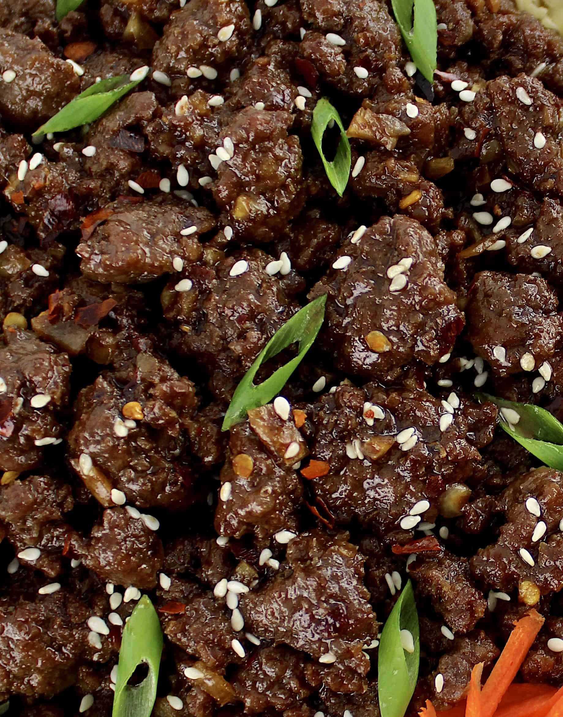 closeup of korean beef with sesame seeds and sliced scallions