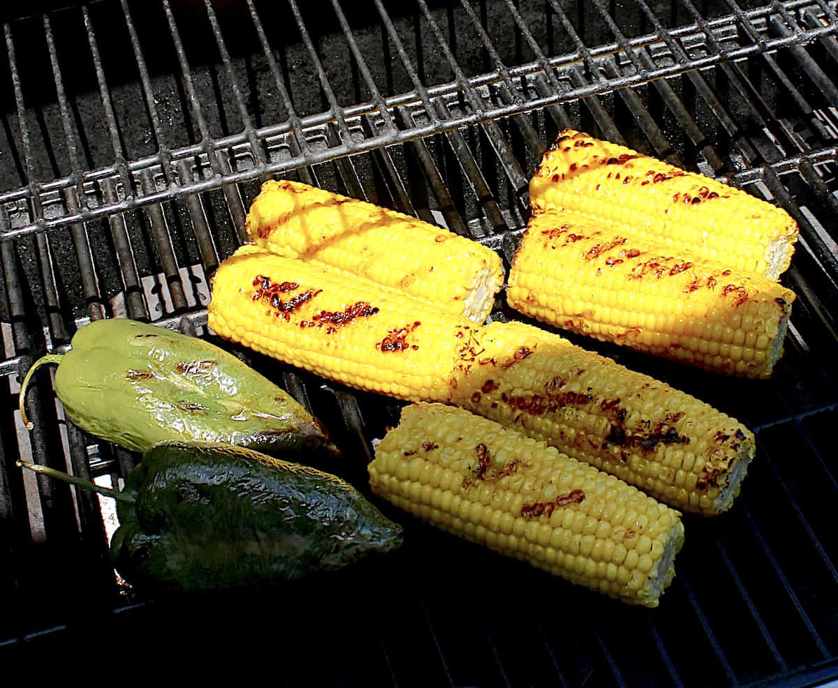 grilled corn on the cob and 2 poblano peppers