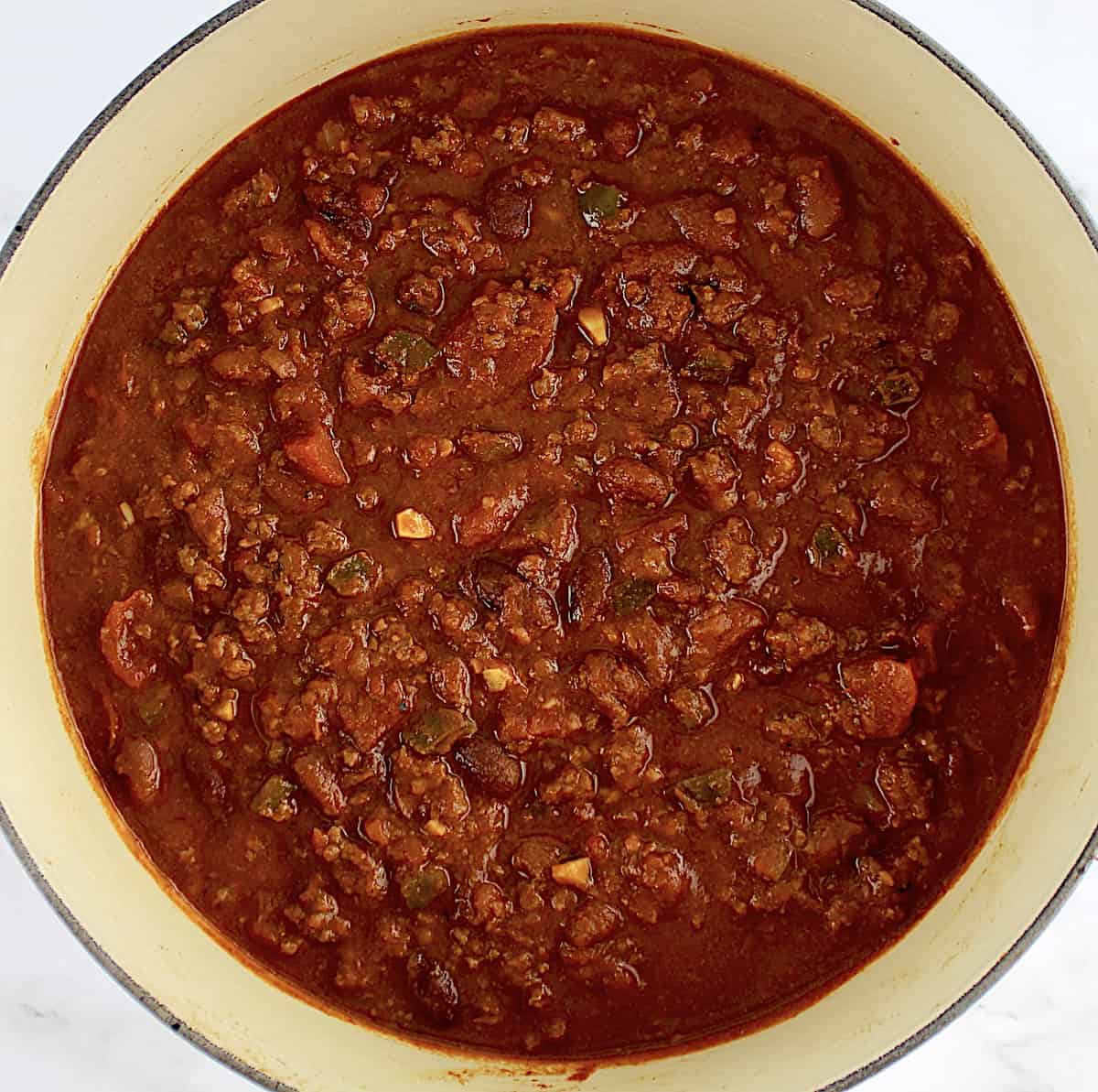 overhead view of Best Homemade Chili in pot