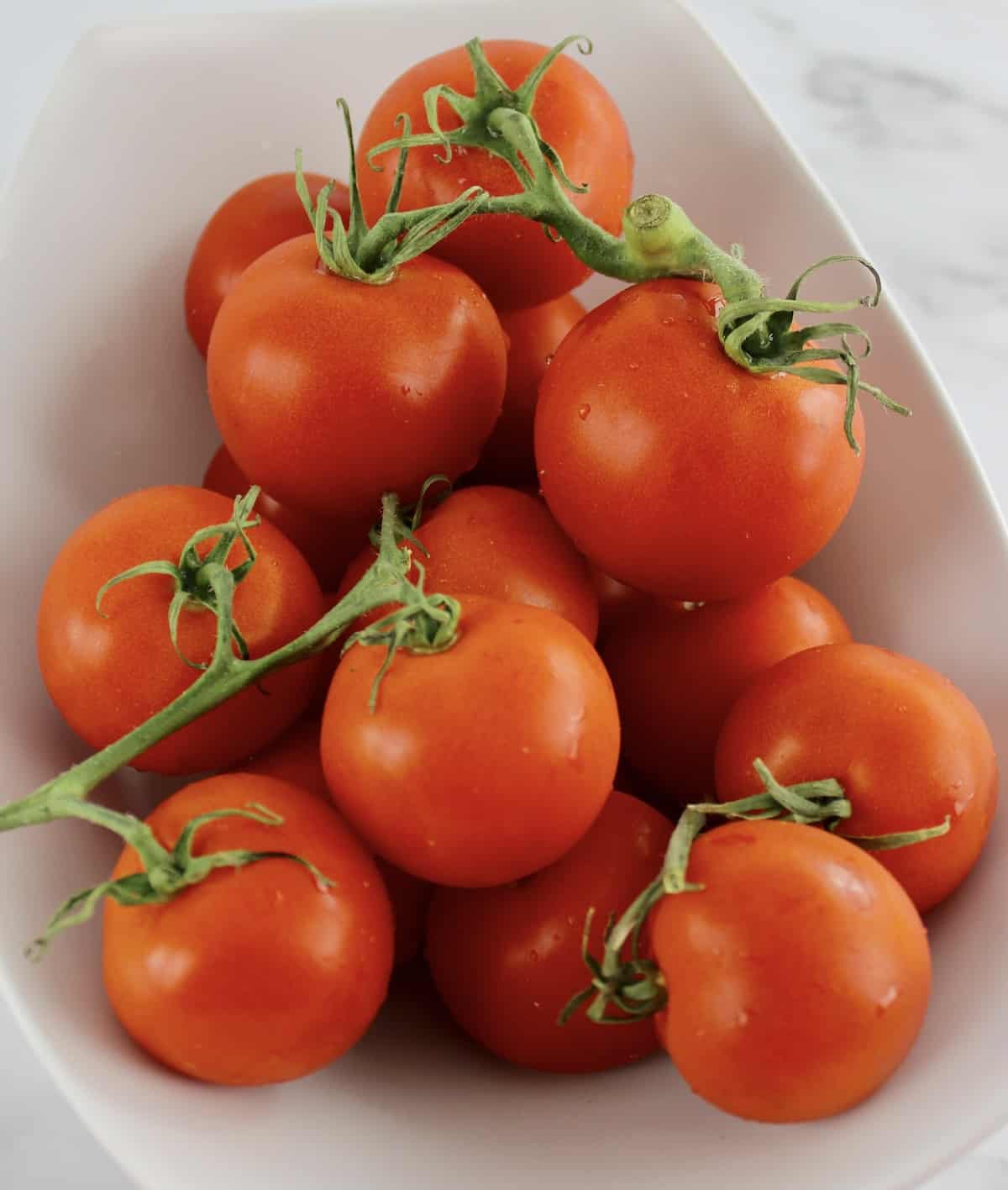 tomatoes on the vine in white bowl