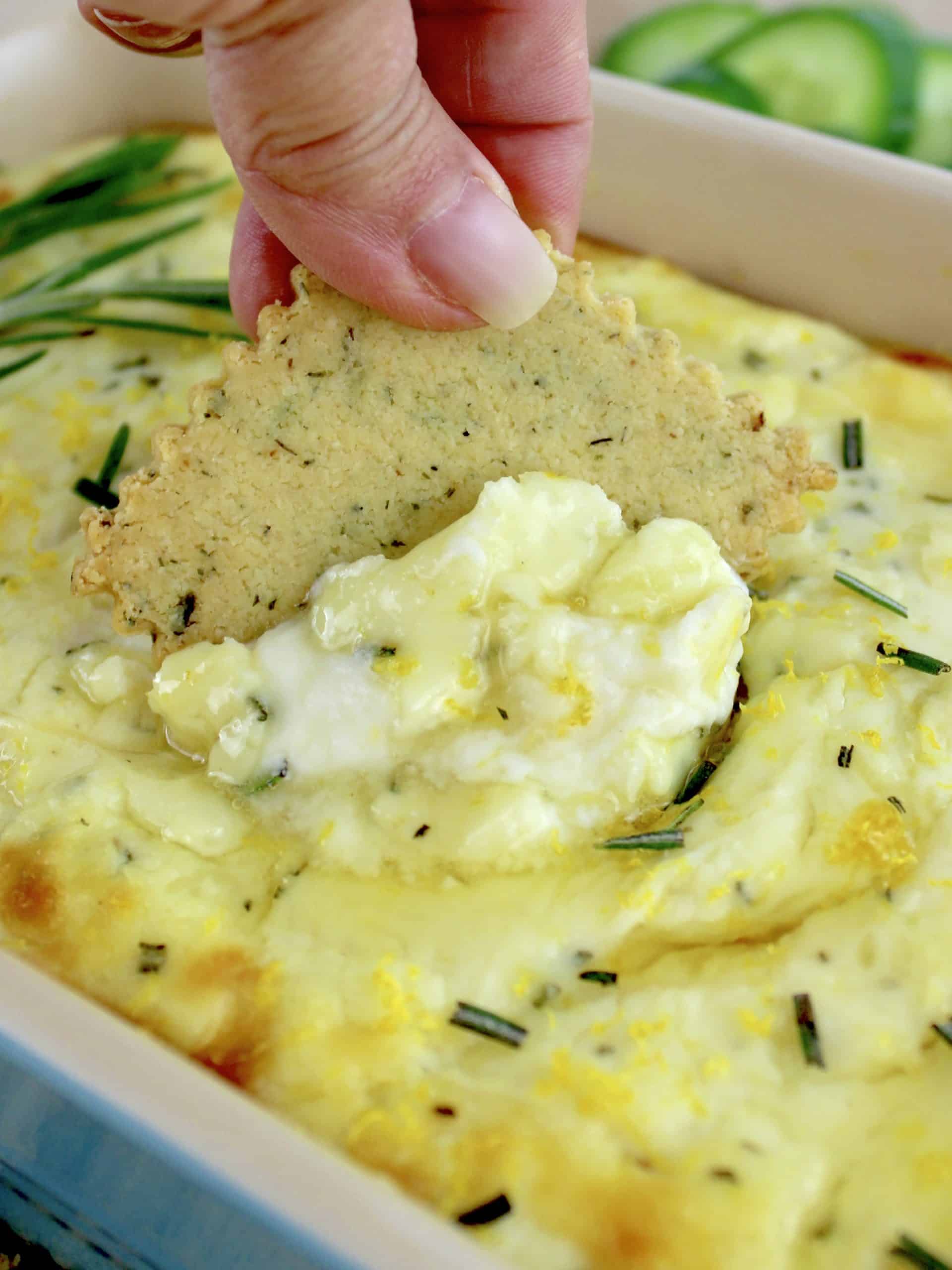 cracker being dipped into Ricotta Dip