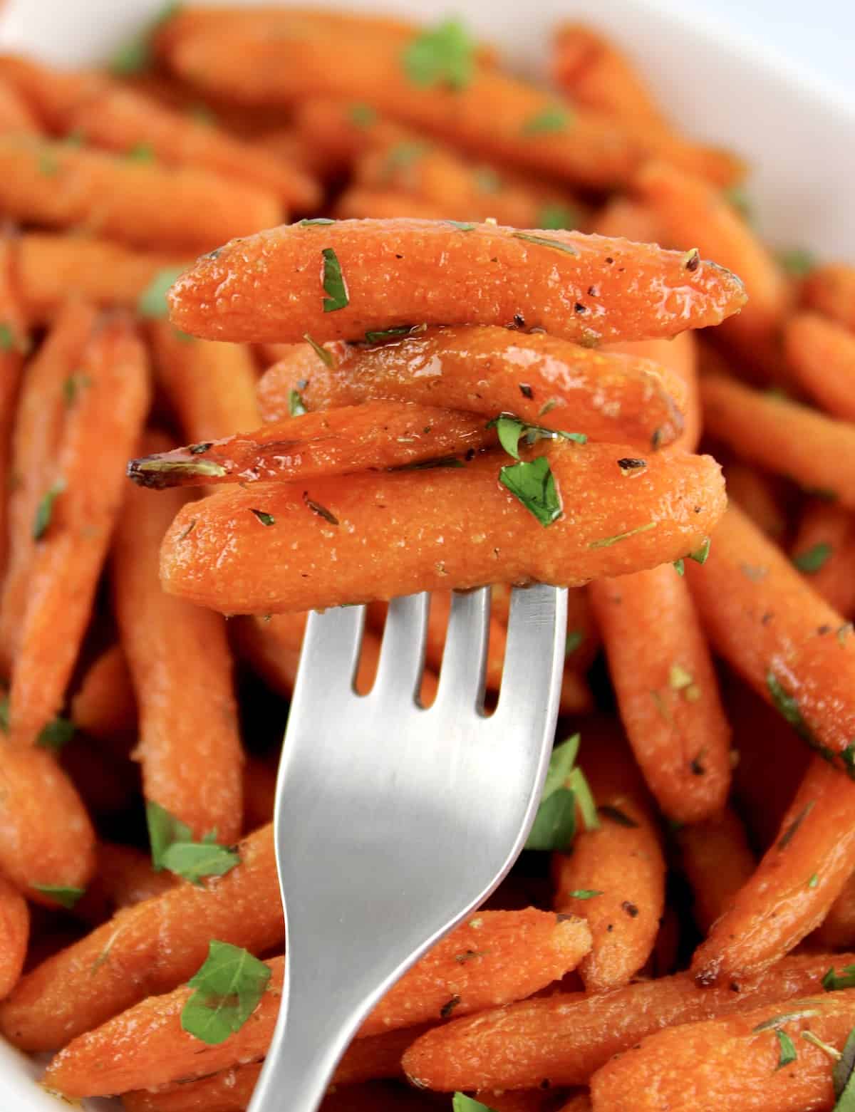 Air Fryer Baby Carrots on fork