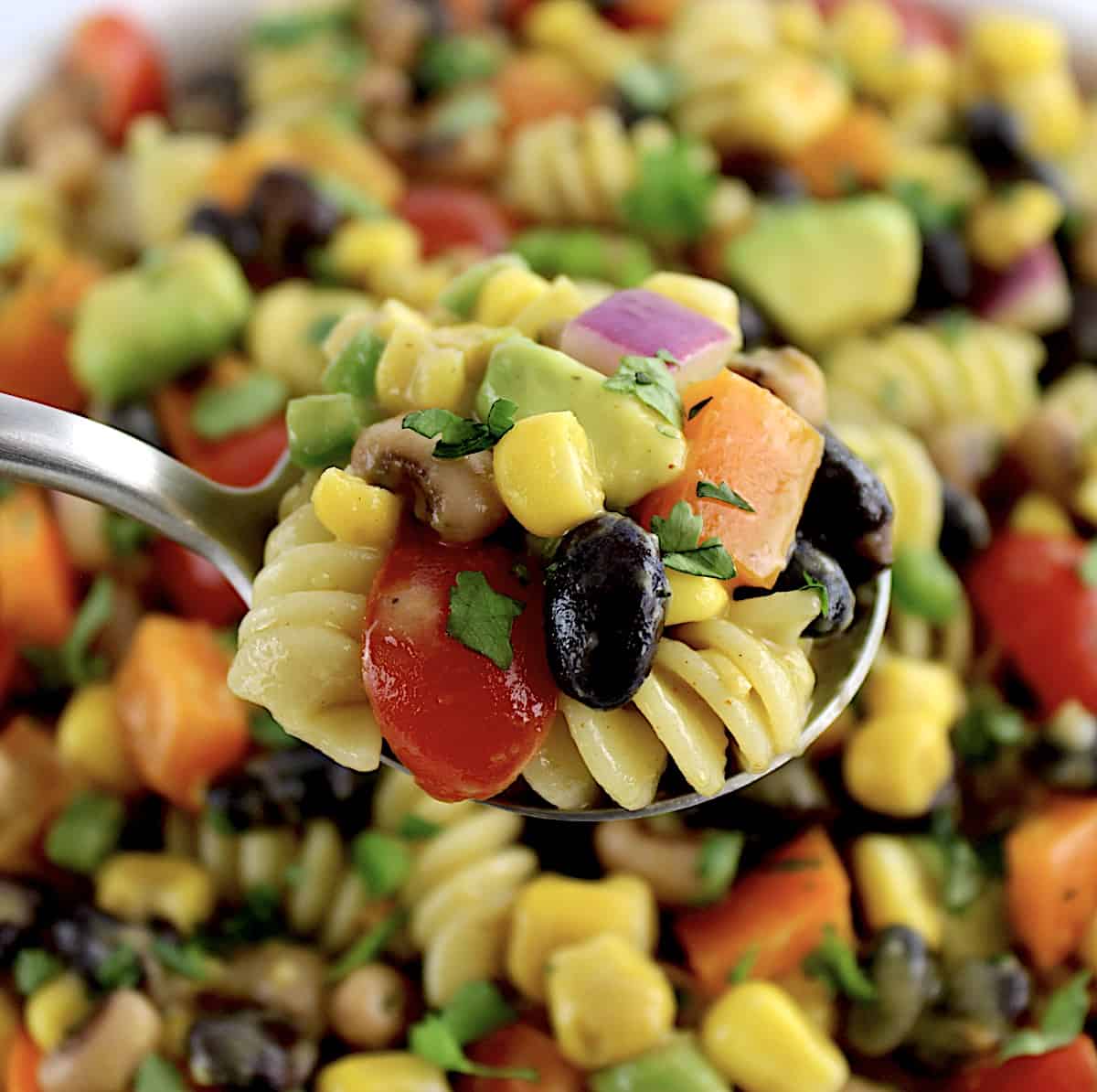 Cowboy Caviar Pasta Salad being held up with spoon