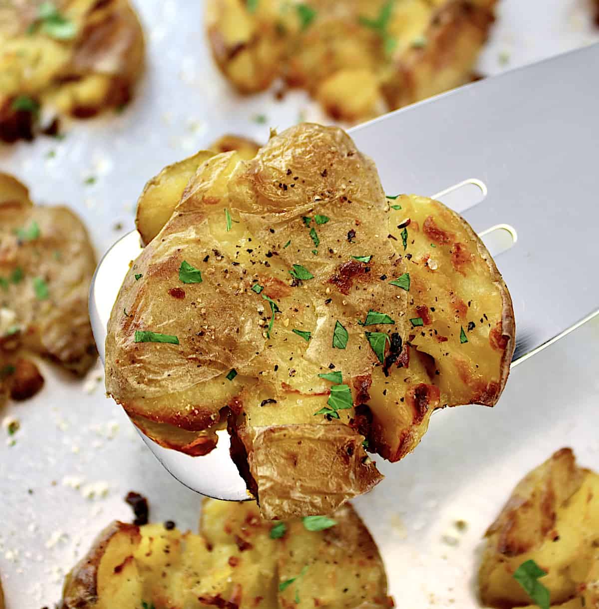 Crispy Smashed Potato being held up by spatula over baking sheet